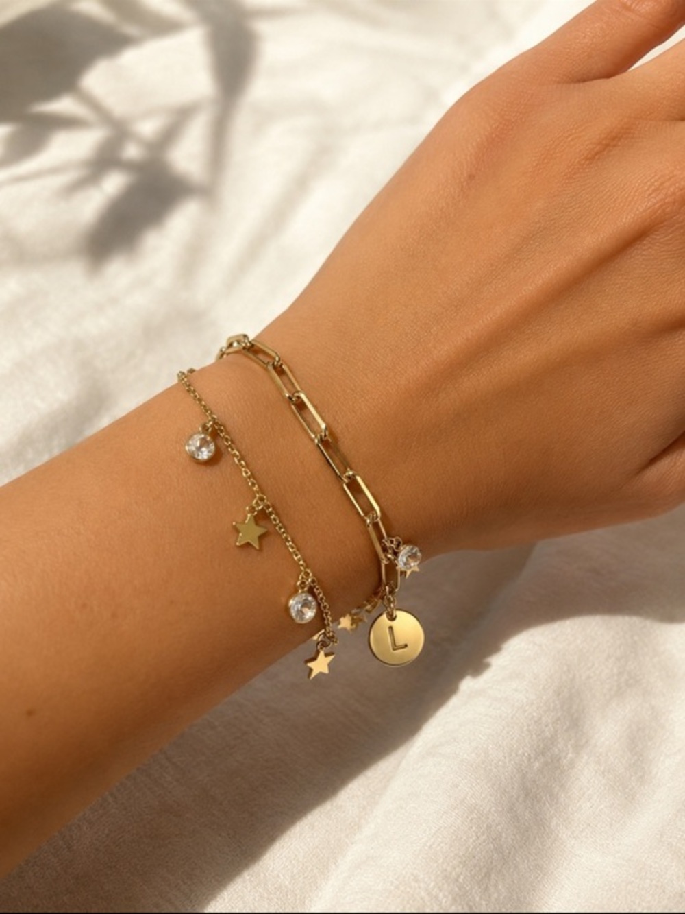 Gold Star & Crystal Charm “L” Layered Bracelet Set